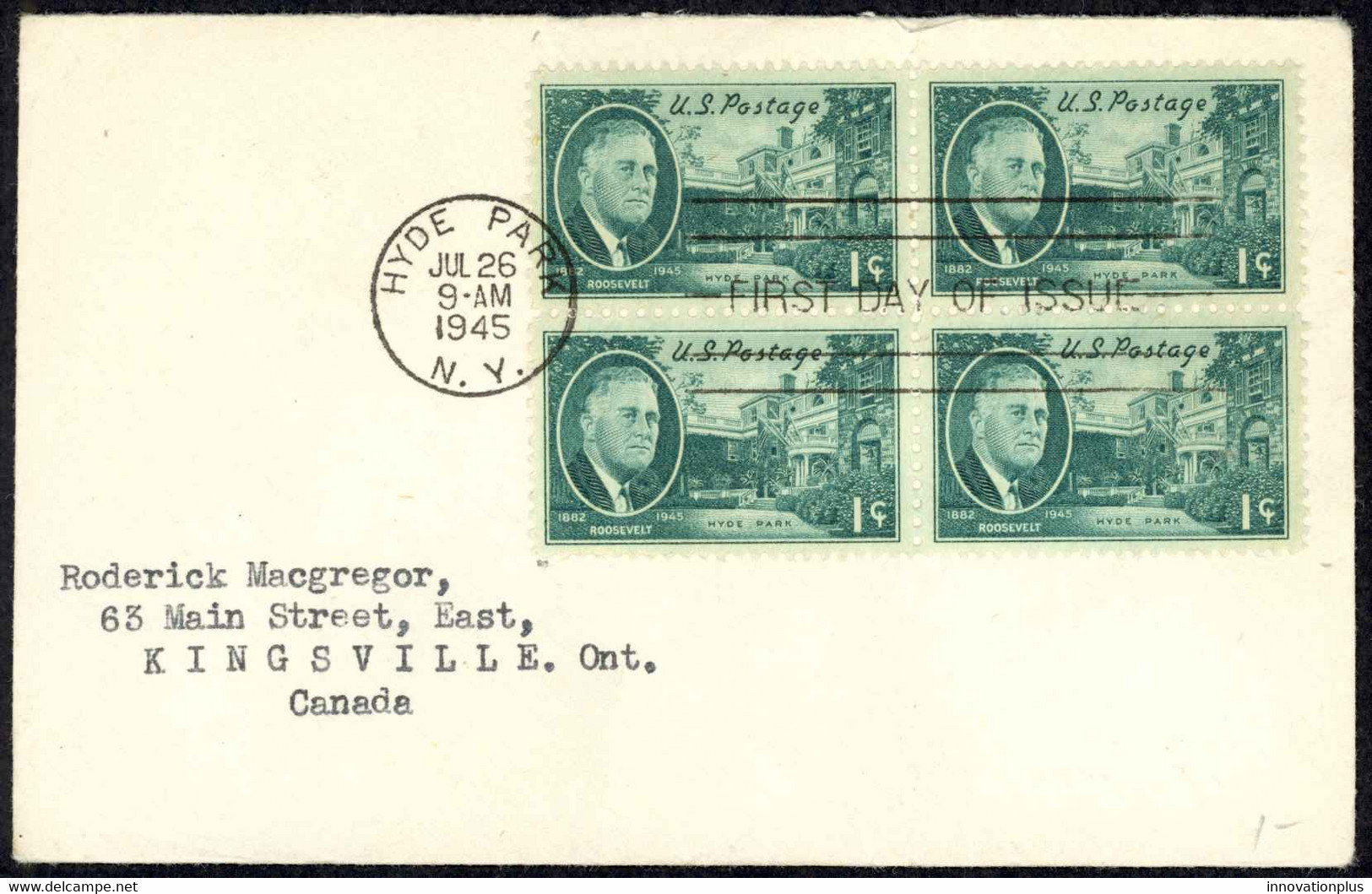 USA Sc# 930 FDC Block/4 (a) (Hyde Park, NY) 1945 7.26 Franklin D. Roosevelt - 1941-1950