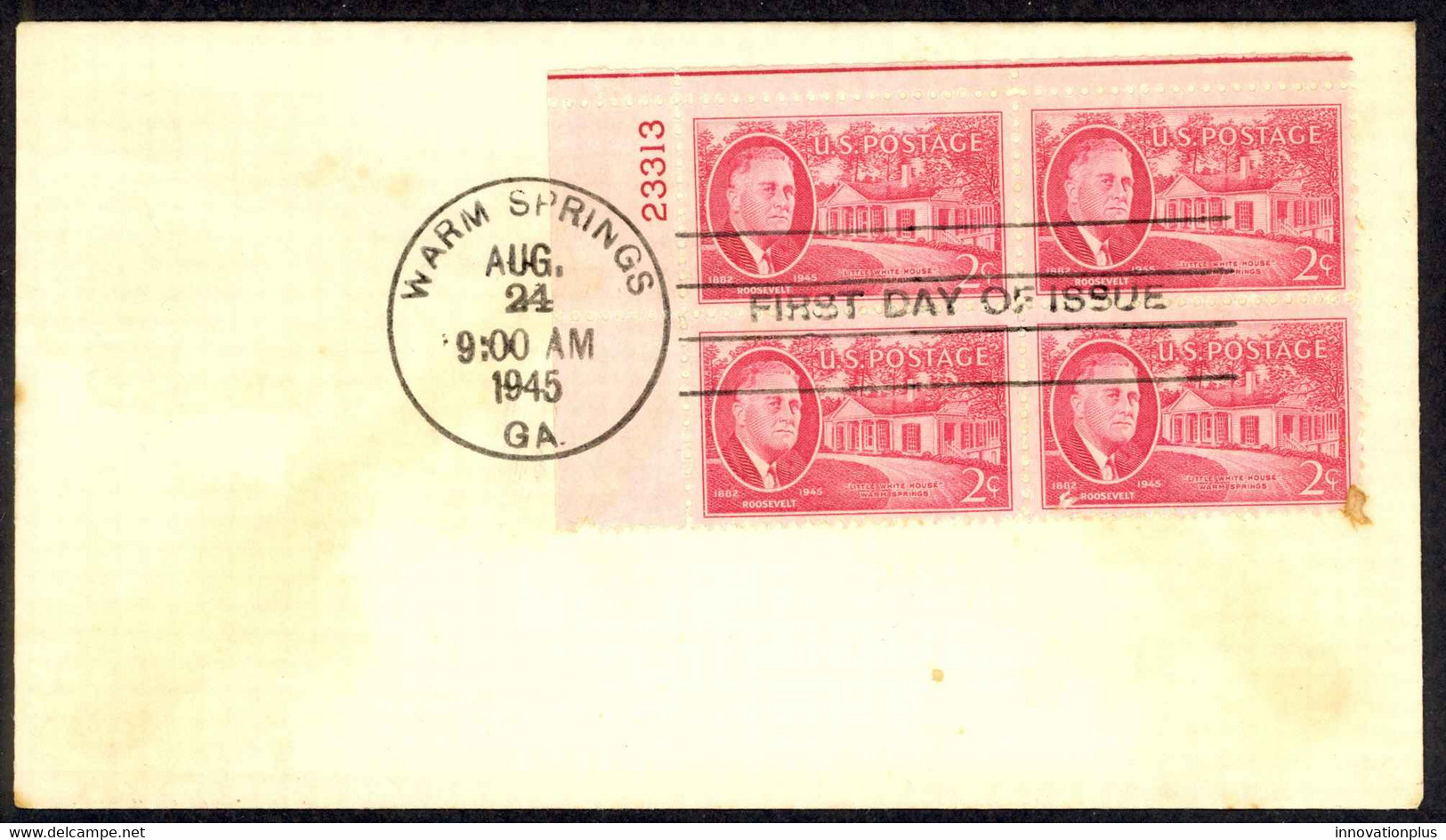 USA Sc# 931 FDC Plate Block (e) (Warm Springs, GA) 1945 Franklin D. Roosevelt - 1941-1950