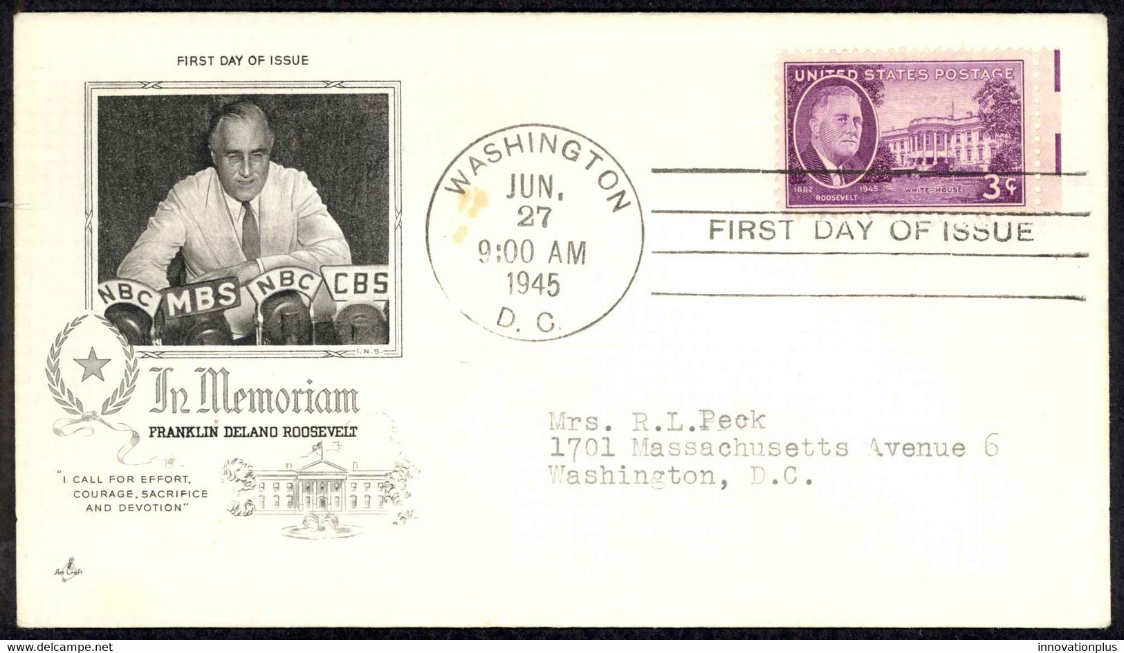 USA Sc# 932 (ArtCraft) FDC (a) (Washington, DC) 1945 6.27 Franklin D. Roosevelt - 1941-1950
