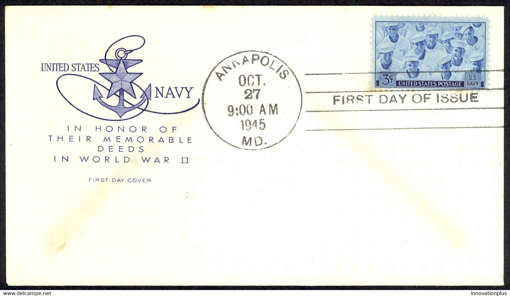 USA Sc# 935 (cachet) FDC (b) (Annapolis, MD) 1945 10.27 Navy - 1941-1950