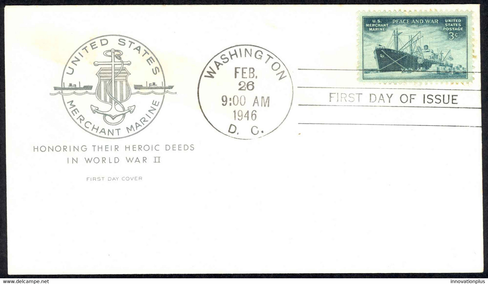 USA Sc# 939 (cachet) FDC (a) (Washington, DC) 1945 2.26 Merchant Marine - 1941-1950