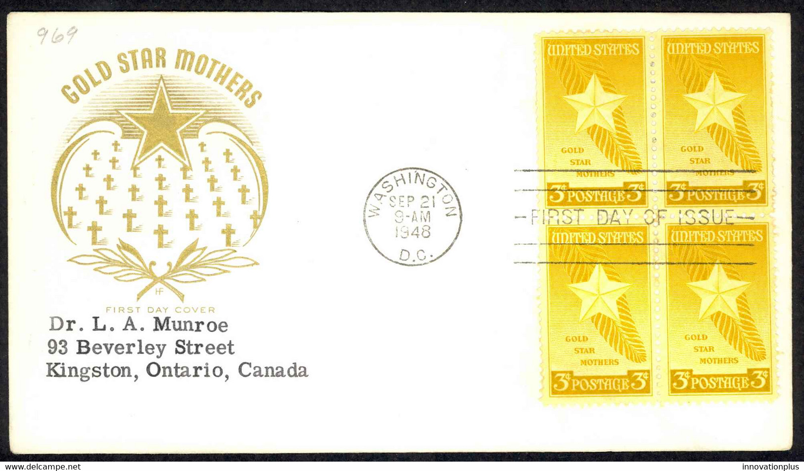 USA Sc# 969 (cachet) FDC Block/4 (d) (Washington, DC) 1948 Gold Star Mothers - 1941-1950