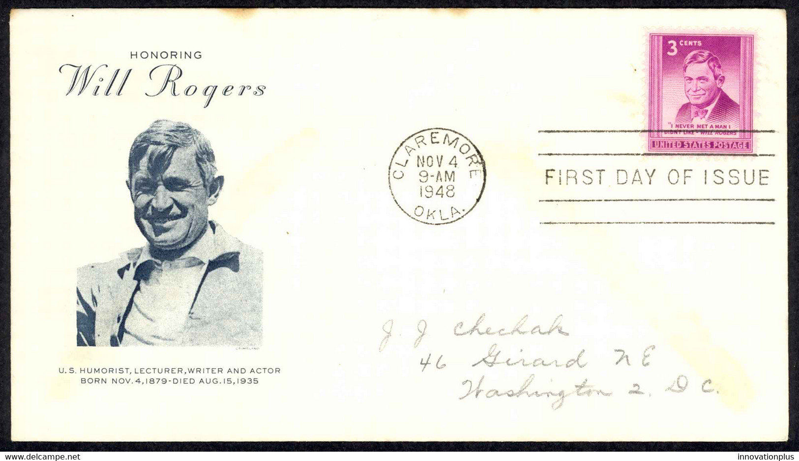 USA Sc# 975 (cachet) FDC (c) (Claremore, OK) 1948 11.4 Will Rogers - 1941-1950