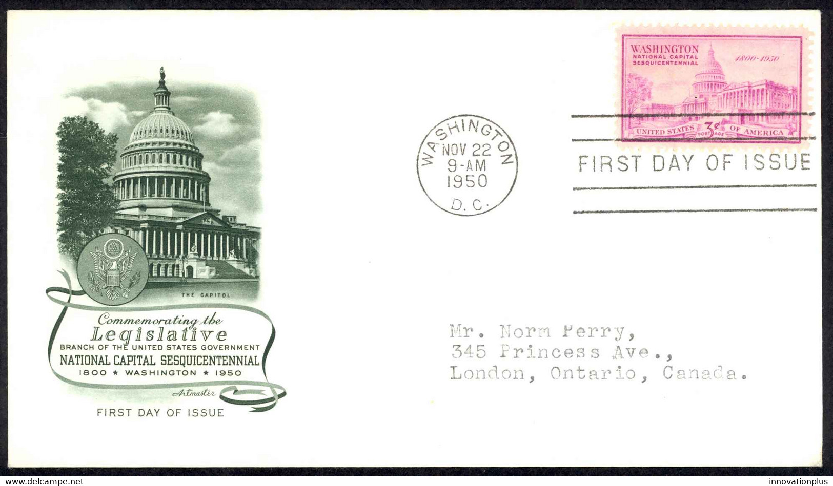 USA Sc# 992 (Artmaster) FDC (b) Washington, DC 1950 National Capital 150th - 1941-1950