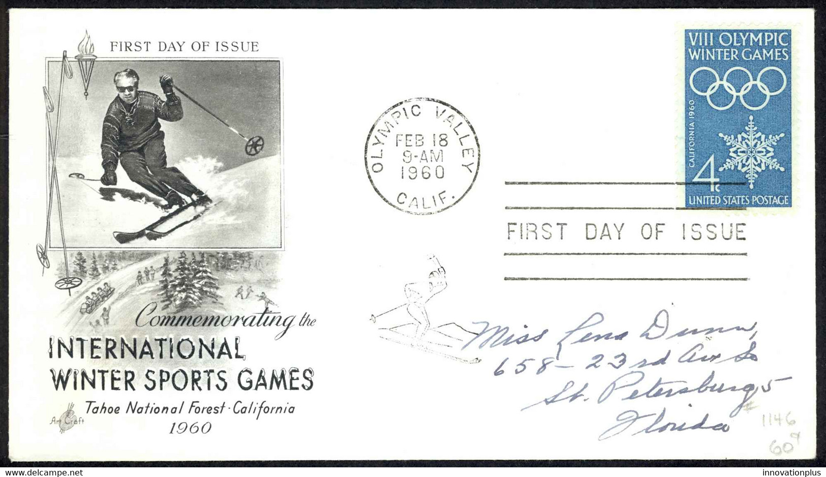 USA Sc# 1146 (ArtCraft) FDC (b) (Olympic Valley, CA) 1960 Olympic Winter Games - 1951-1960