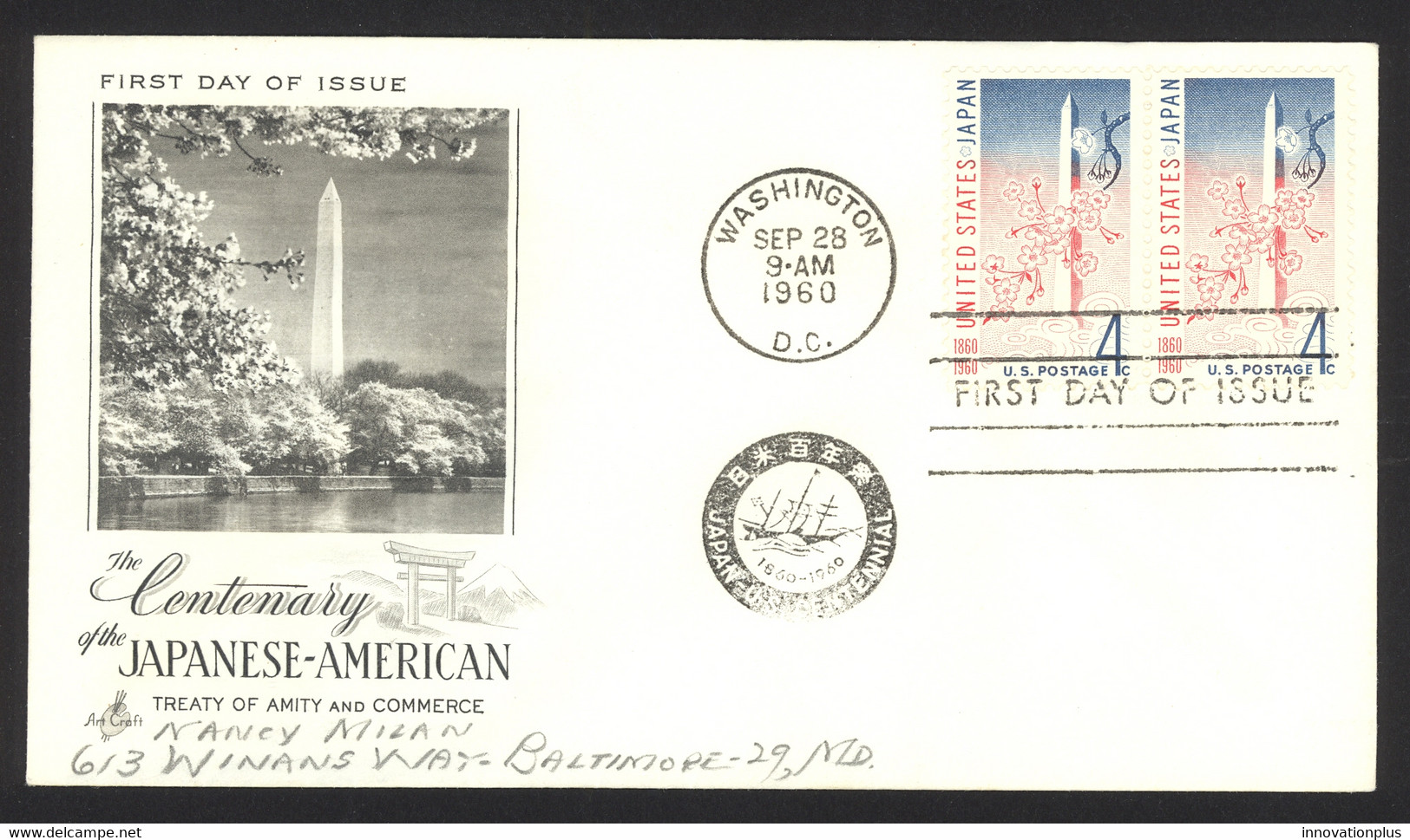 USA Sc# 1158 (ArtCraft) FDC Pair (a) (Washington, DC) 1960 9.28 Japan Treaty - 1951-1960