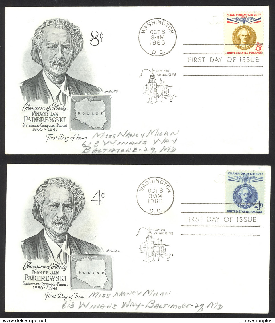 USA Sc# 1159-1160 (Artmaster) FDC (a) Washington, DC 1960 Ignace Jan Paderewski - 1951-1960