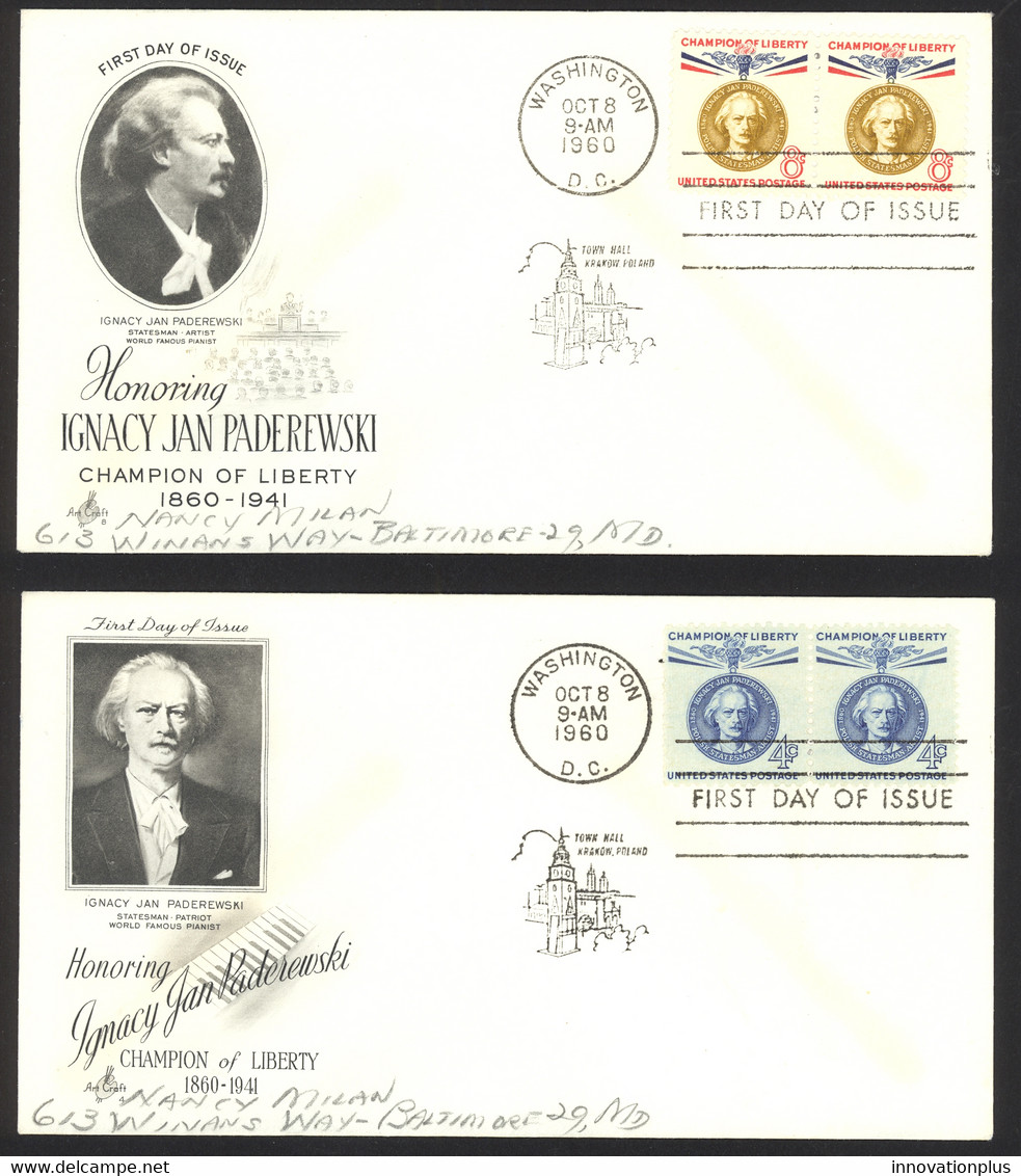 USA Sc# 1159-1160 (Fleetwood) FDC (b) Washington, DC 1960 Ignace Jan Paderewski - 1951-1960