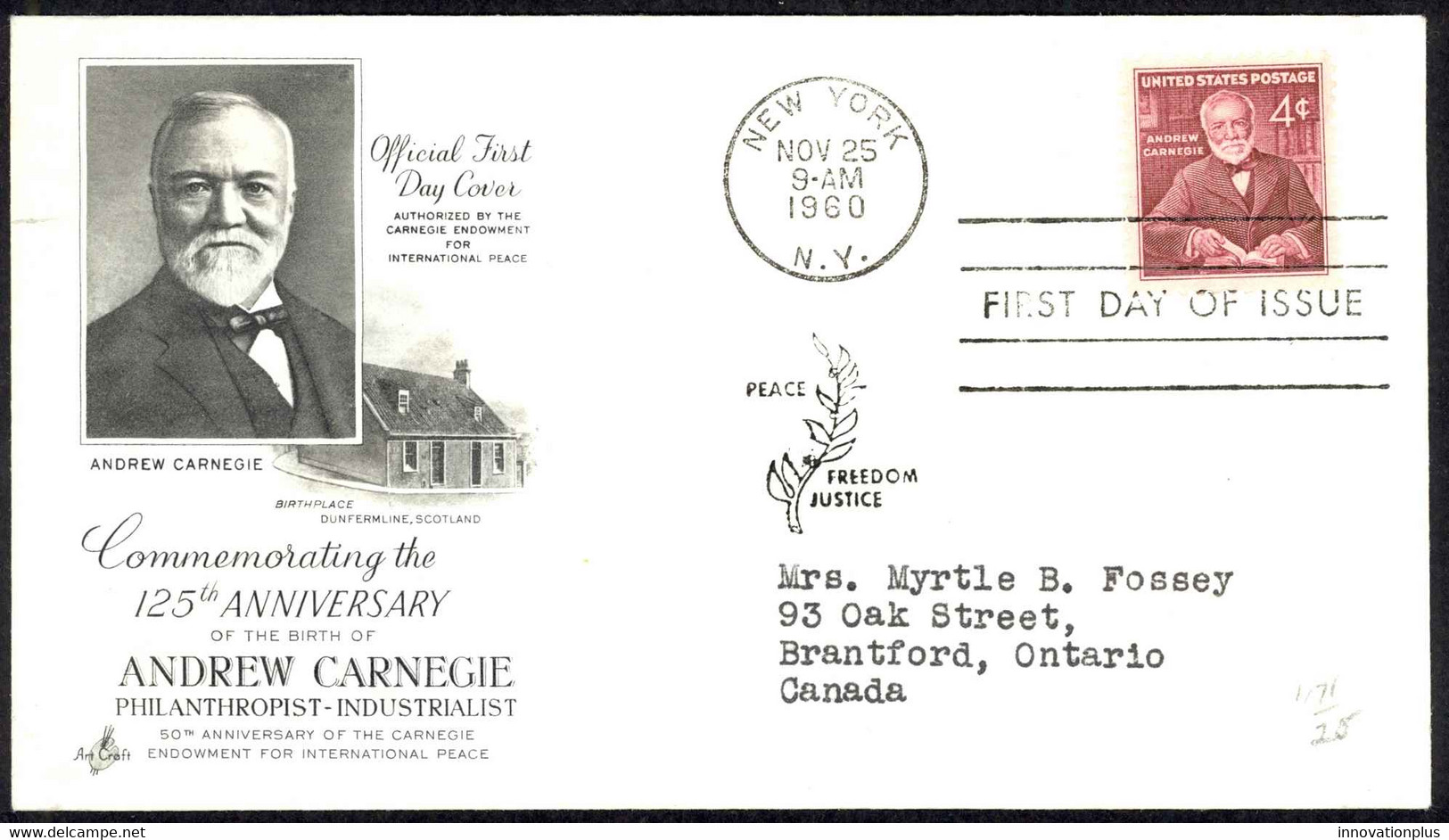 USA Sc# 1171 (ArtCraft) FDC (d) (New York, NY) 1960 11.25 Andrew Carnegie - 1951-1960