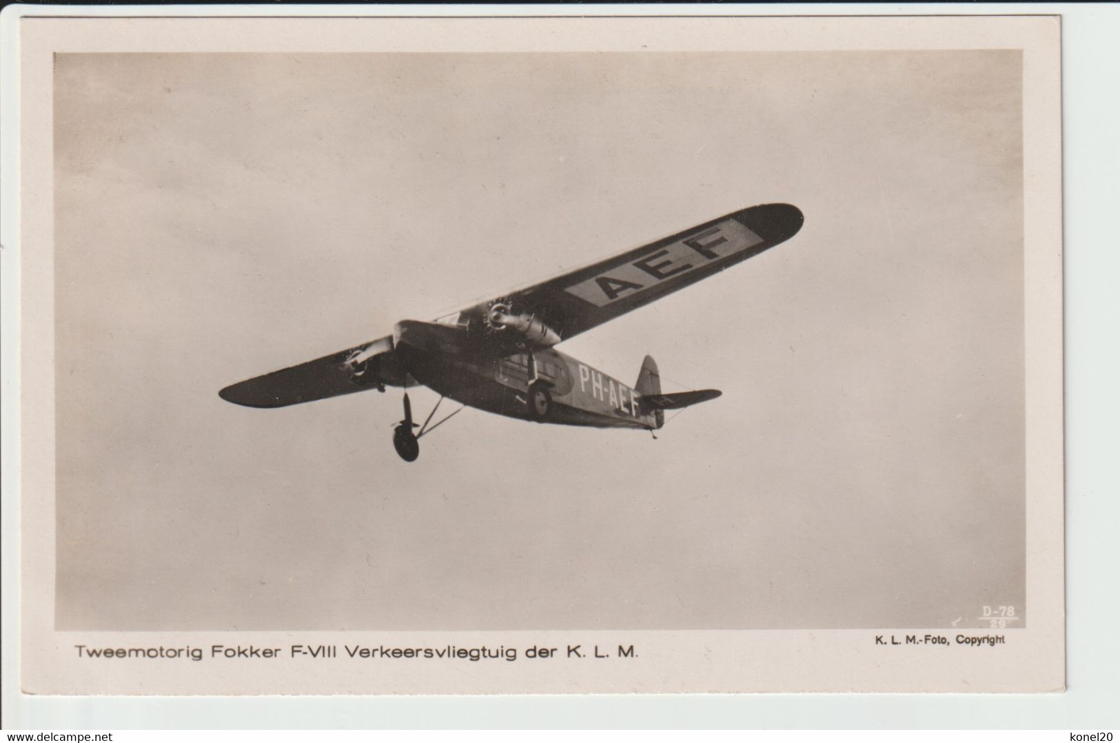 Vintage Rppc KLM K.L.M Royal Dutch Airlines Fokker F-VIII Aircraft - 1919-1938: Entre Guerres