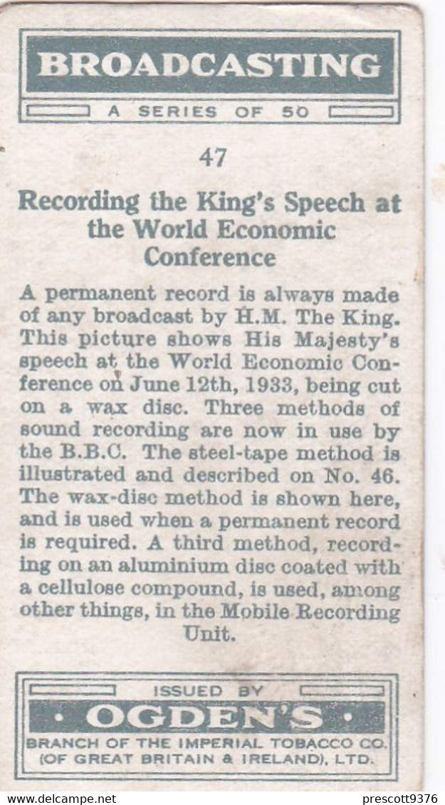 Broadcasting 1935 - 47 Recording Kings Speech - Ogdens Original Cigarette Card - RP - BW - Ogden's