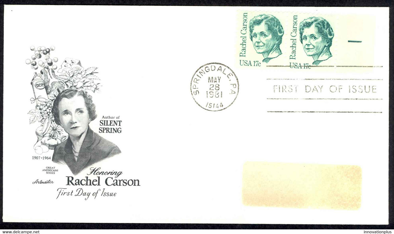 USA Sc# 1857 (Artmaster) FDC Pair (a) (Springdale, PA) 1981 5.28 Rachel Carson - 1981-1990