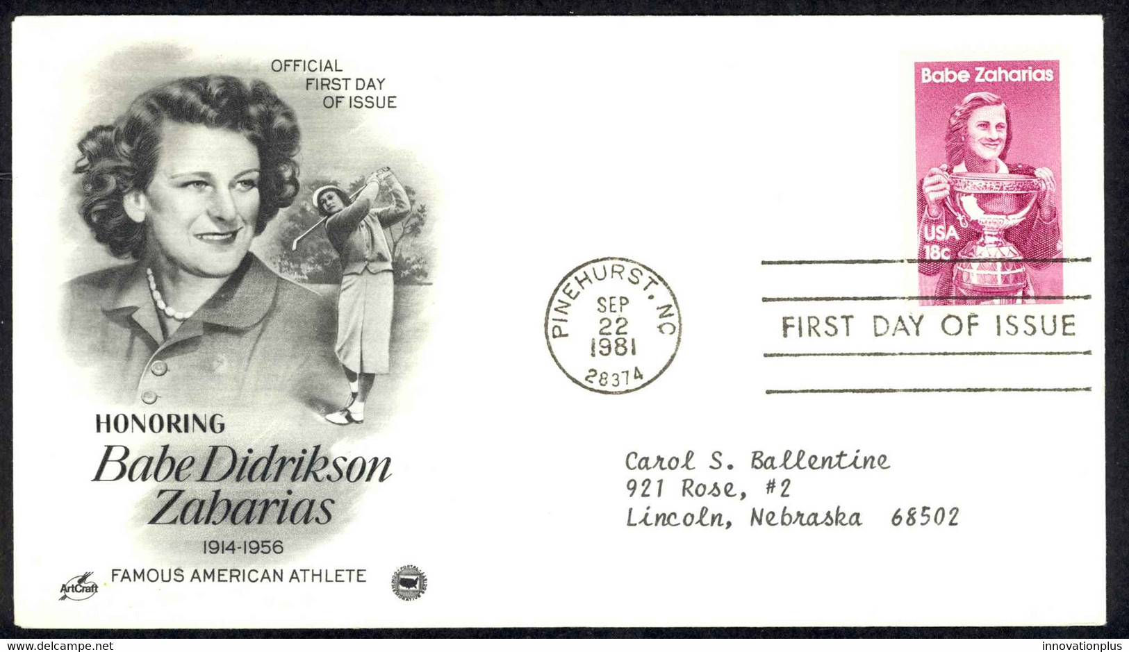 USA Sc# 1932 (ArtCraft) FDC (a) (Pinehurst, NC) 1981 9.22 Babe Zaharias - 1981-1990