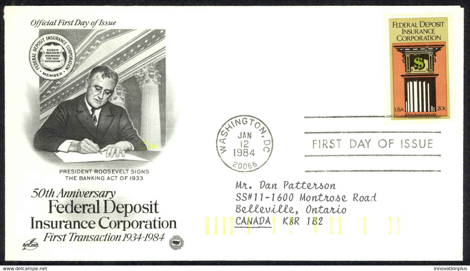 USA Sc# 2071 (ArtCraft) FDC (a) (Washington, DC) 1984 Deposit Insurance 50th - 1981-1990