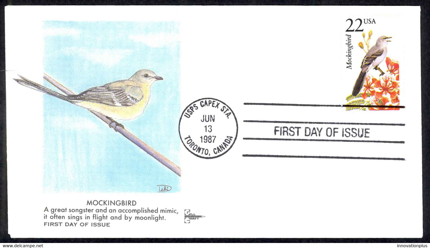 USA Sc# 2330 (Gill Craft) FDC (USPS CAPEX STATION) 1987 6.13 Mockingbird - 1981-1990