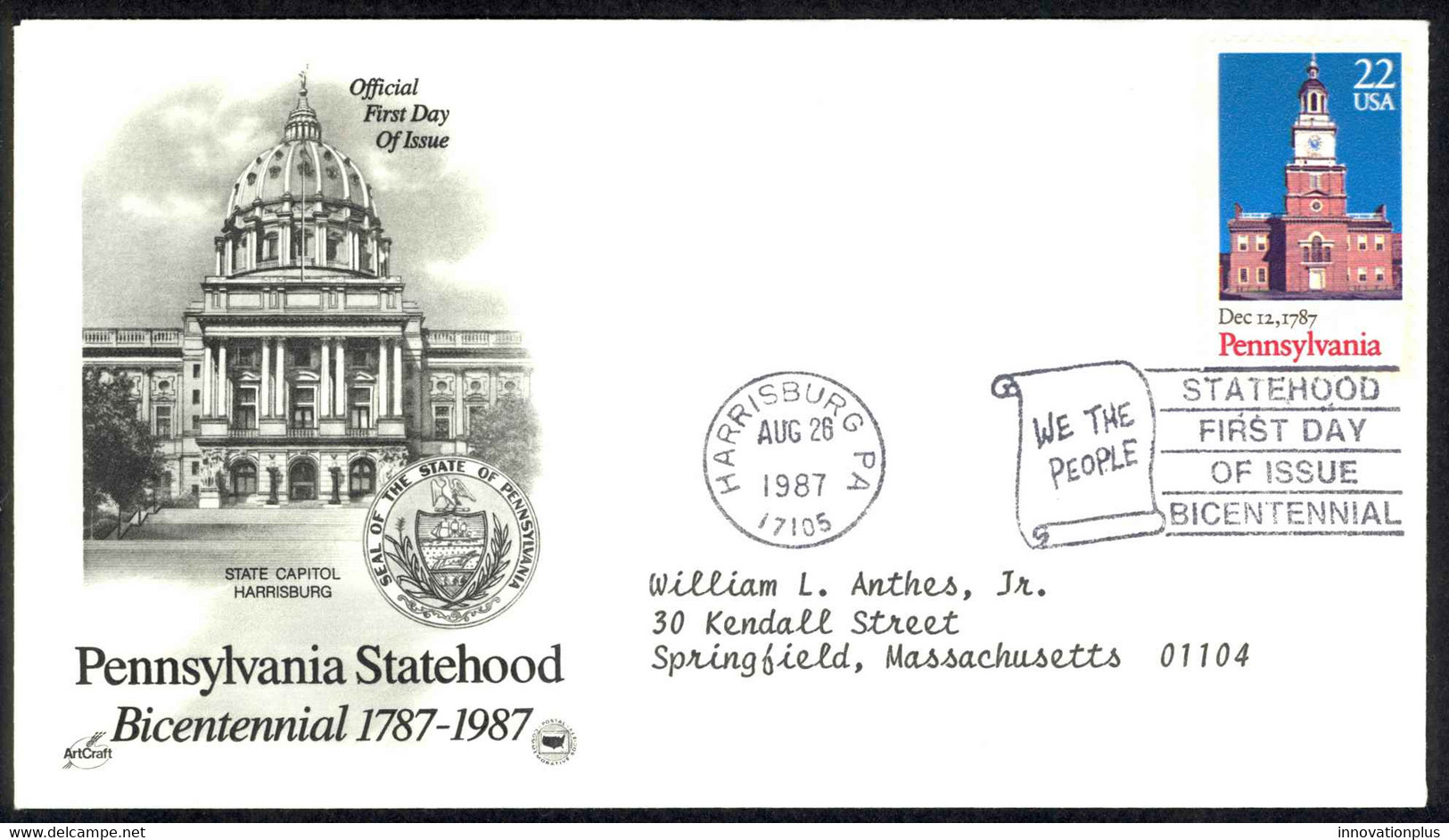 USA Sc# 2337 (ArtCraft) FDC (b) (Harrisburg, PA) 1987 Pennsylvania 200th - 1981-1990