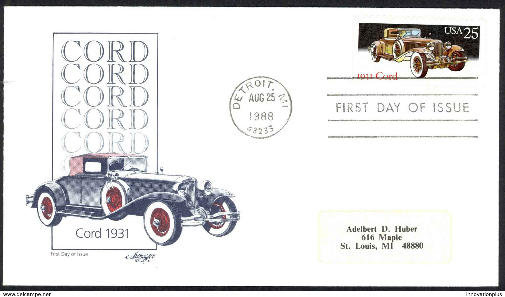 USA Sc# 2383 (Artmaster) FDC (a) (Detroit, MI) 1988 8.25 Cord - 1981-1990