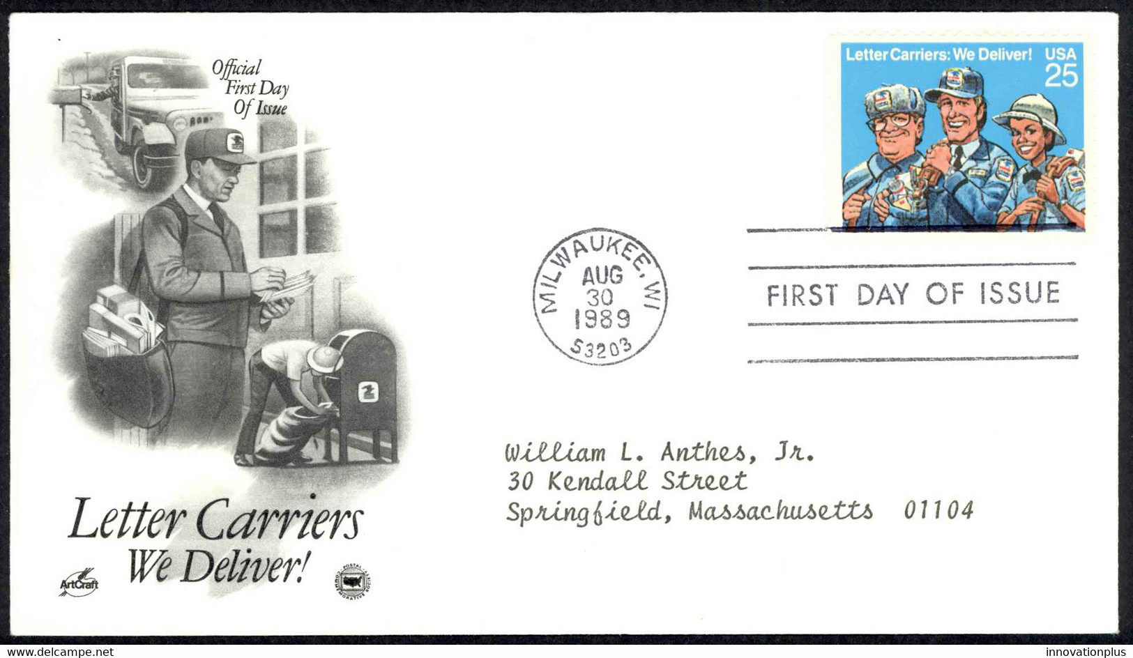 USA Sc# 2420 (ArtCraft) FDC (c) (Milwaukee, WI) 1989 8.30 Letter Carriers - 1981-1990