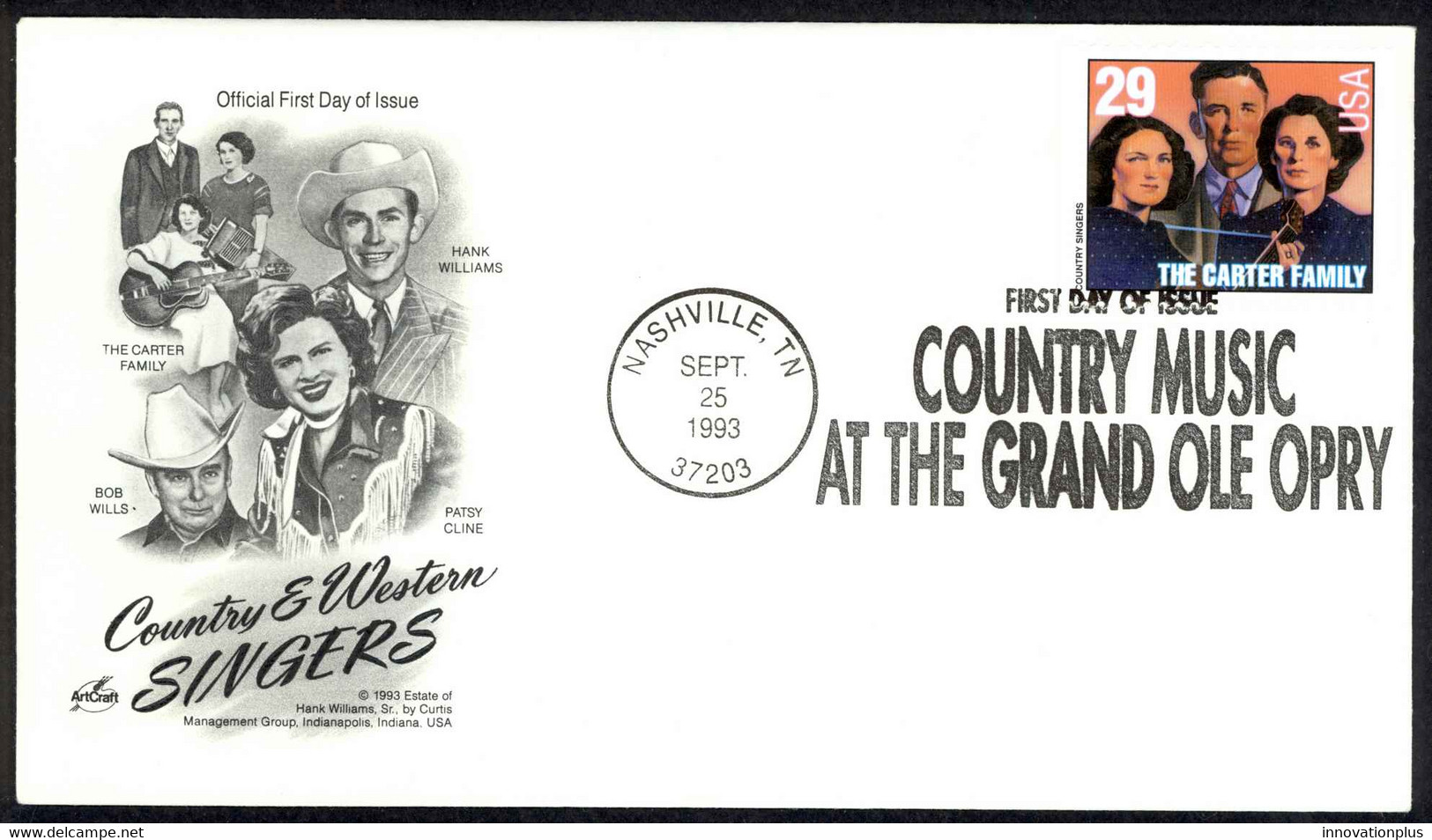 USA Sc# 2776 (ArtCraft) FDC (Nashville, TN) 1993 9.25 The Carter Family - 1991-2000