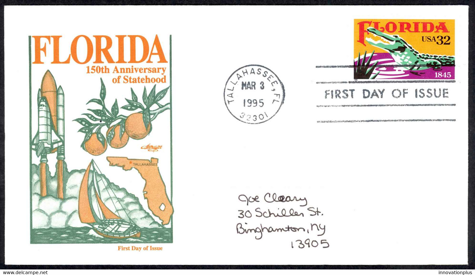 USA Sc# 2950 (Artmaster) FDC (b) (Tallahassee, FL) 1995 3.3 Florida 150th - 1991-2000