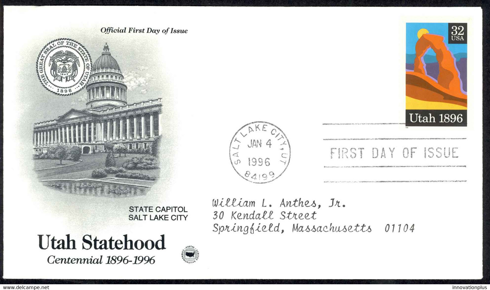 USA Sc# 3024 (Postal Commerative Society) FDC (Salt Lake City) 1996 Utah 100th - 1991-2000