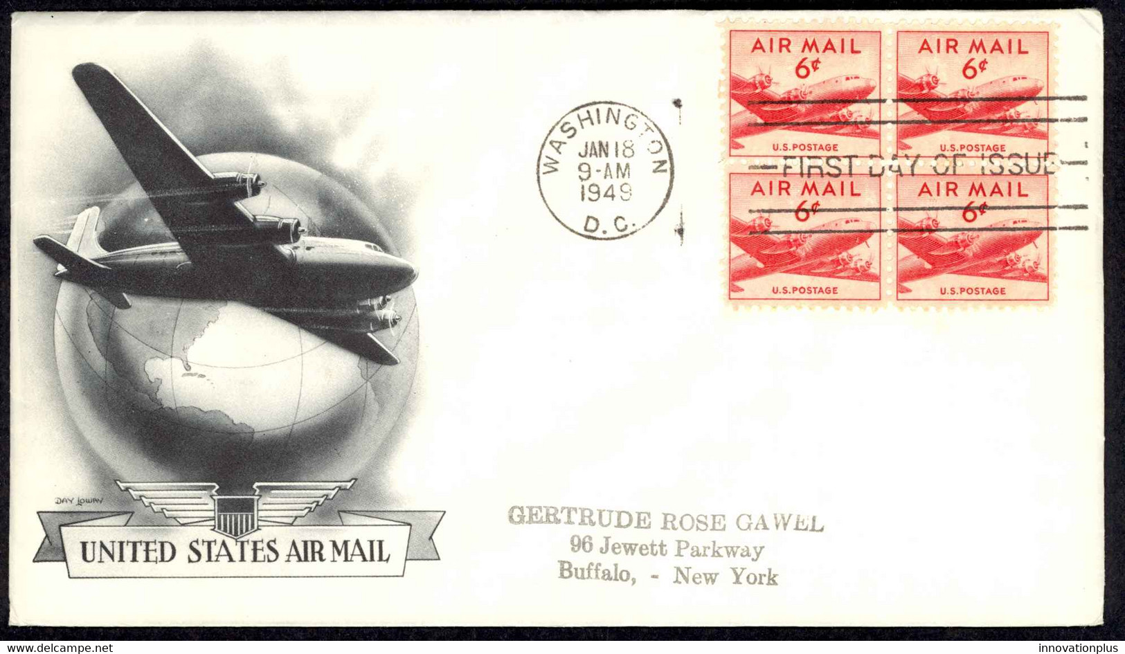 USA Sc# C39 (Day Lowry Cachet) FDC Block/4 (a) (Washington, DC) 1949 6c DC-4 - 1941-1950