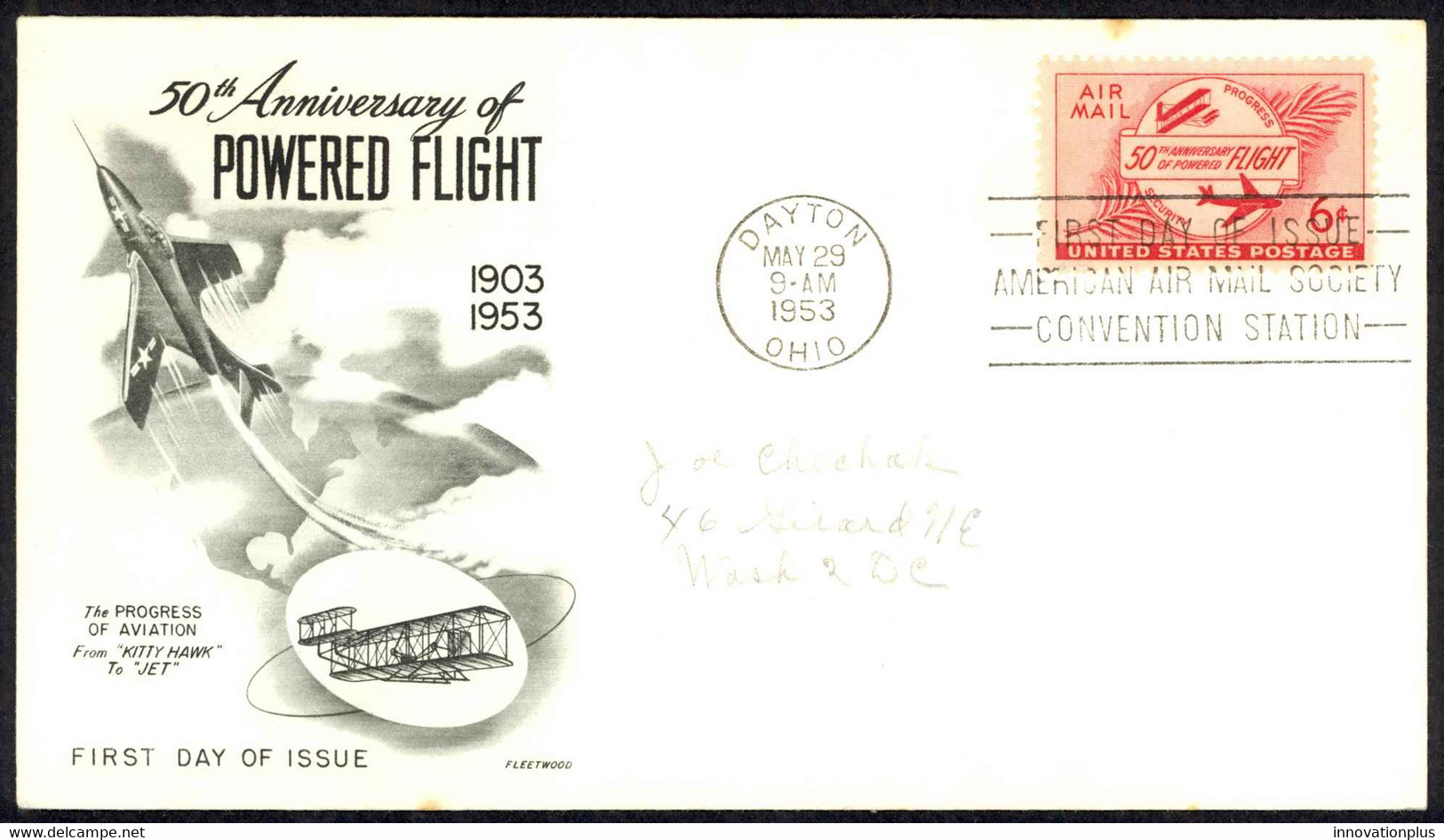 USA Sc# C47 (Fleetwood) FDC (b) (Dayton, OH) 1953 5.29 6c Powered Flight - 1951-1960