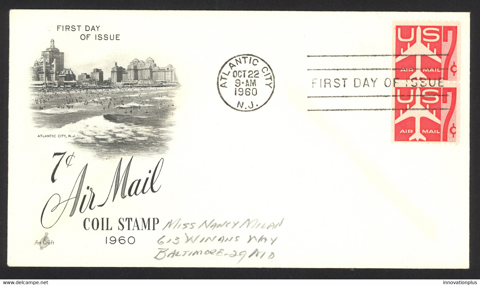 USA Sc# C61 (ArtCraft) FDC Pair (a) (Atlantic City, NJ) 1960 7c Air Mail Coil - 1951-1960