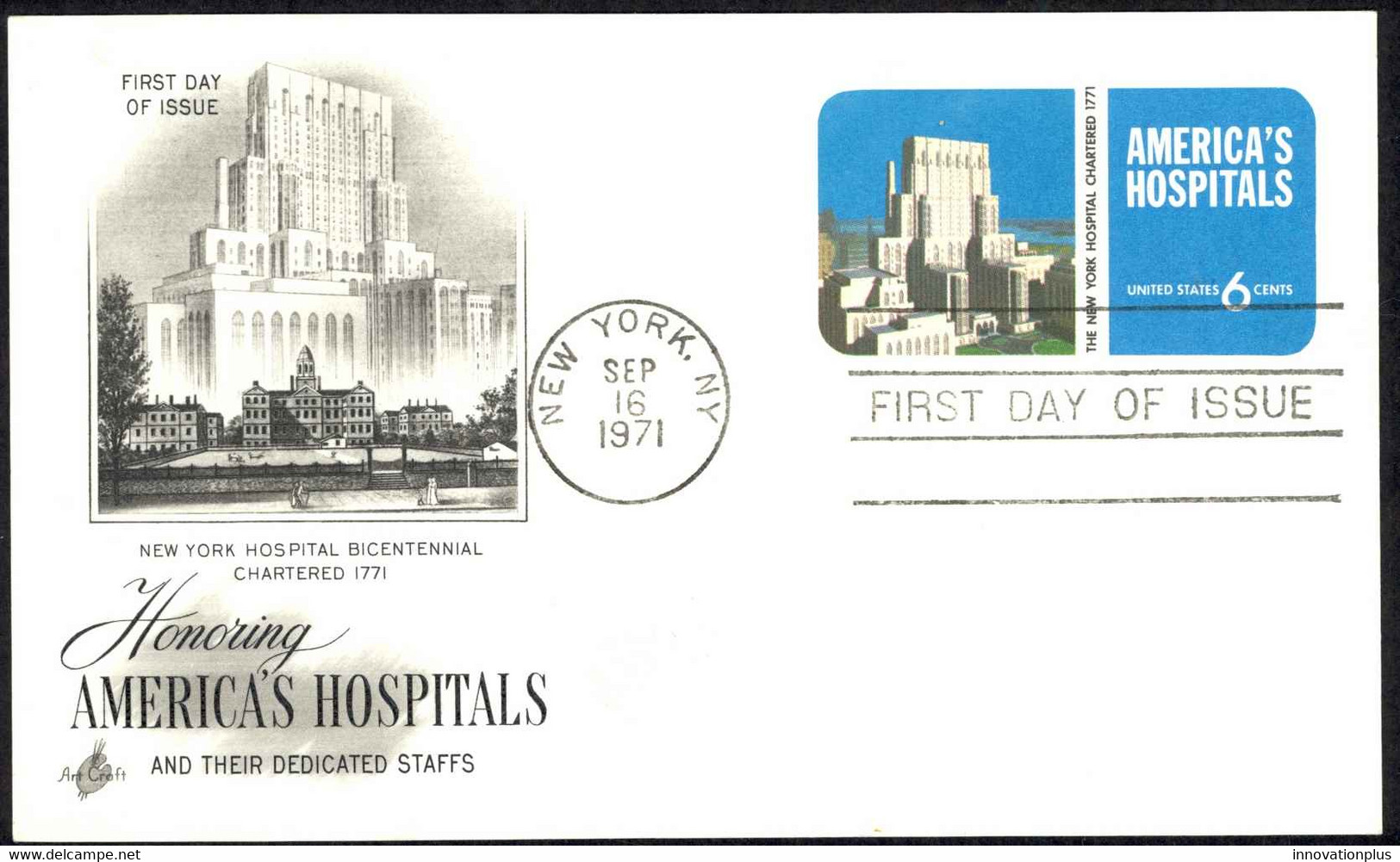 USA Sc# UX60 (ArtCraft) FDC Postal Card (b) (New York, NY) 1971 6c Hospitals - 1971-1980