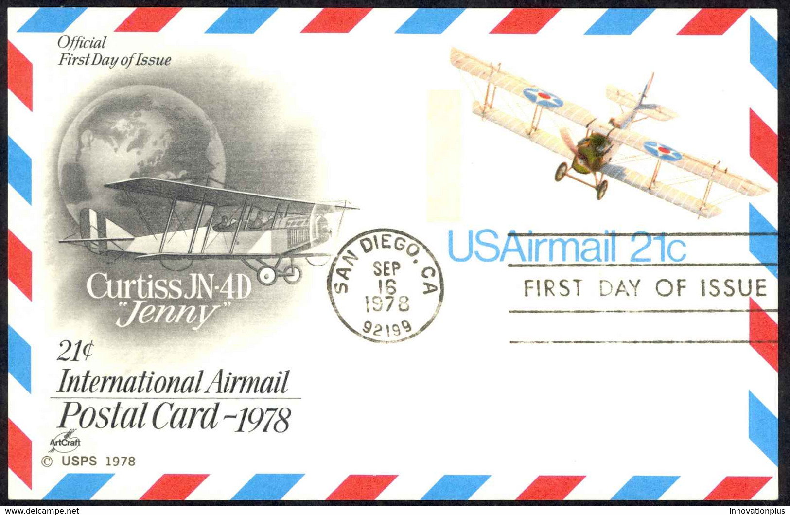 USA Sc# UXC17 (ArtCraft) FDC Postal Card (a) (San Diego) 1978 21c Curtiss Jenny - 1971-1980