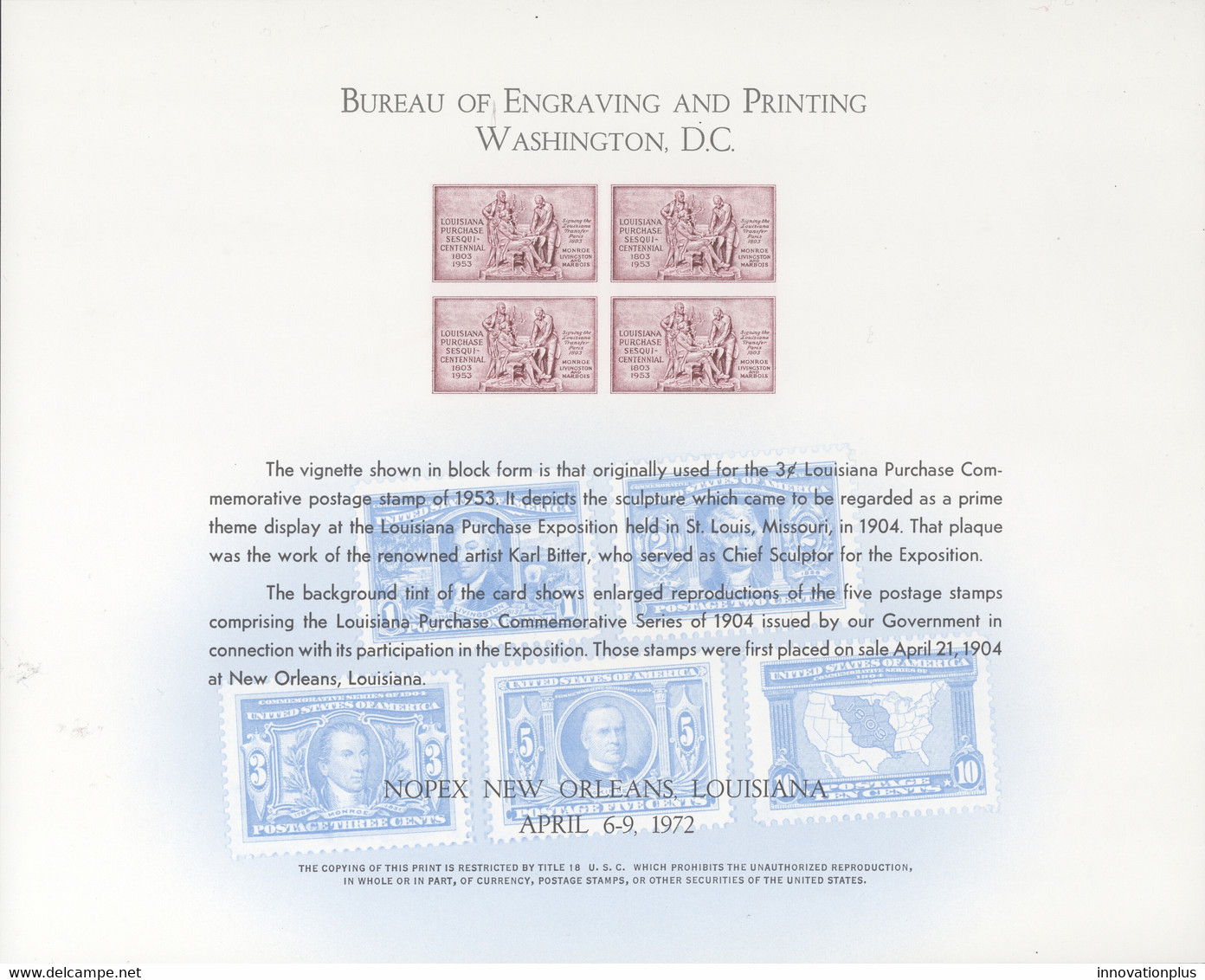 USA BEP B17 Mint Souvenir Card 1972 NOPEX - Souvenirkaarten