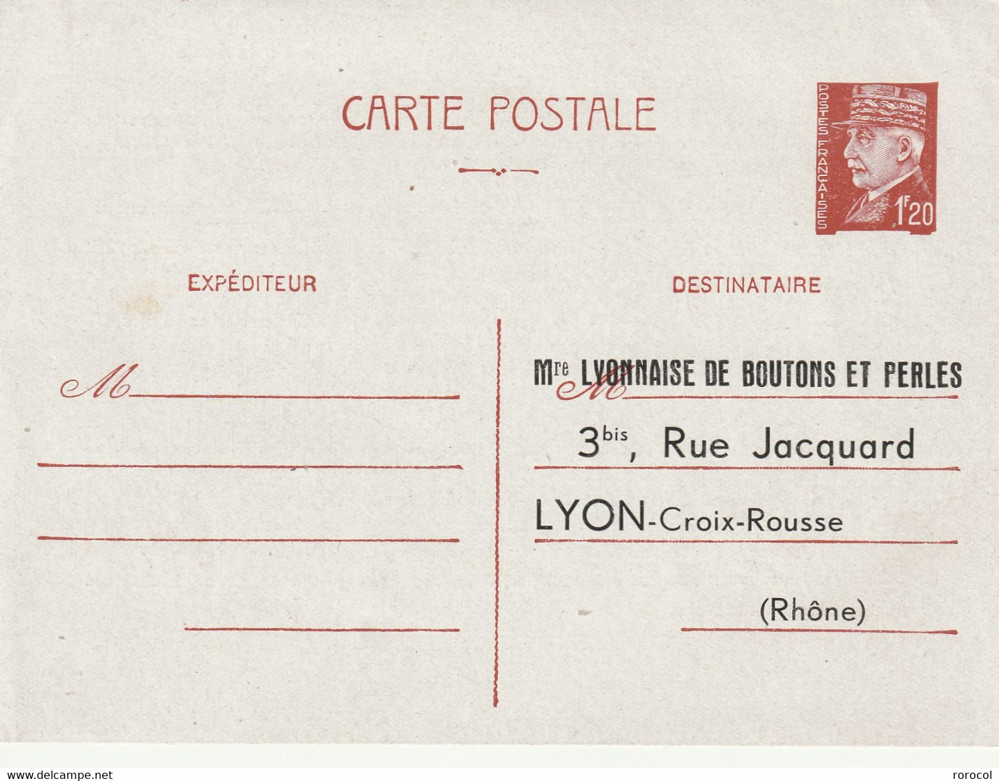FRANCE ENTIER POSTAL PETAIN REPIQUAGE DE L'ADRESSE ET DU DOS LYONNAISE DE BOUTONS ET PERLES - 1941-42 Pétain