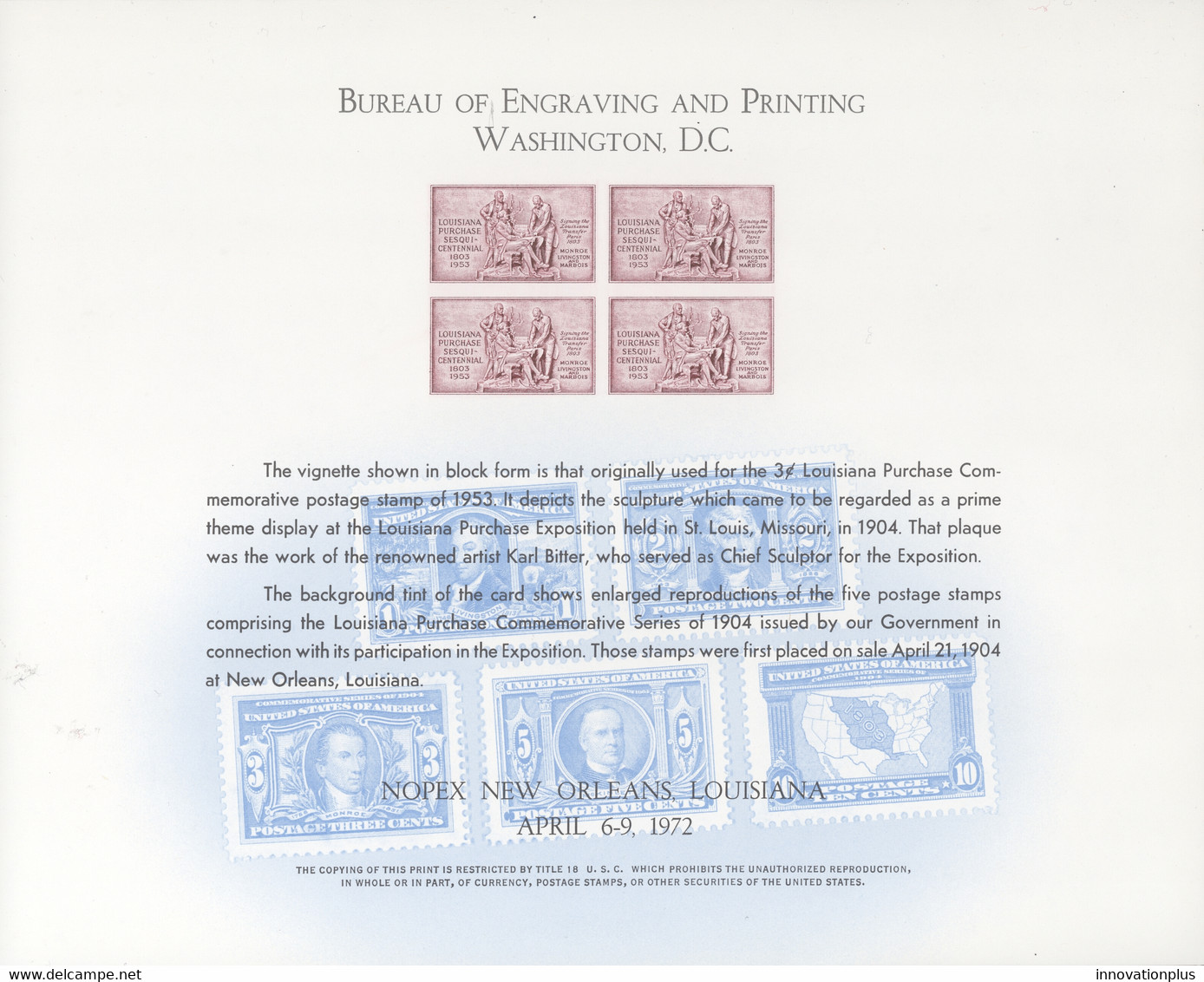 USA BEP B19 Mint Souvenir Card 1972 SEPAD - Cartes Souvenir