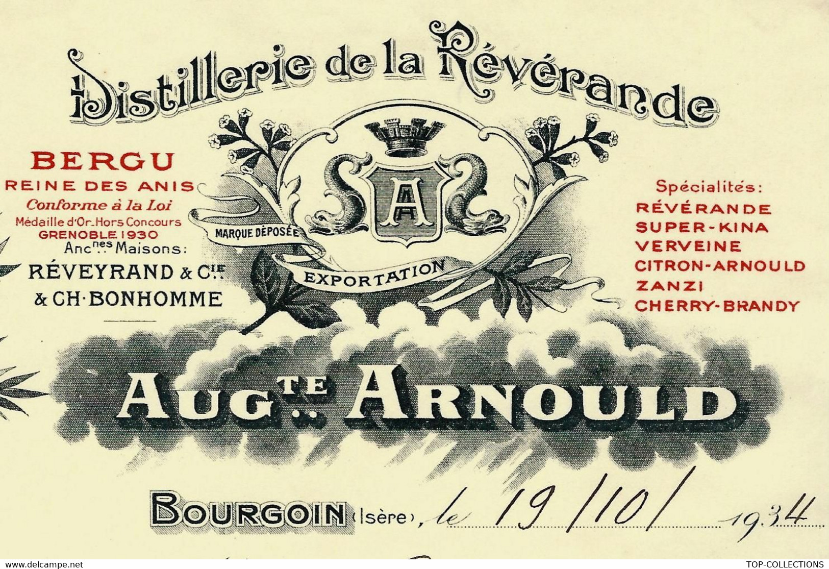 1934 DISTILLERIE DE LA REVERANDE à Bourgoin Isère Pour Capucetti St Avre La Chambre Savoie B.E. - 1900 – 1949