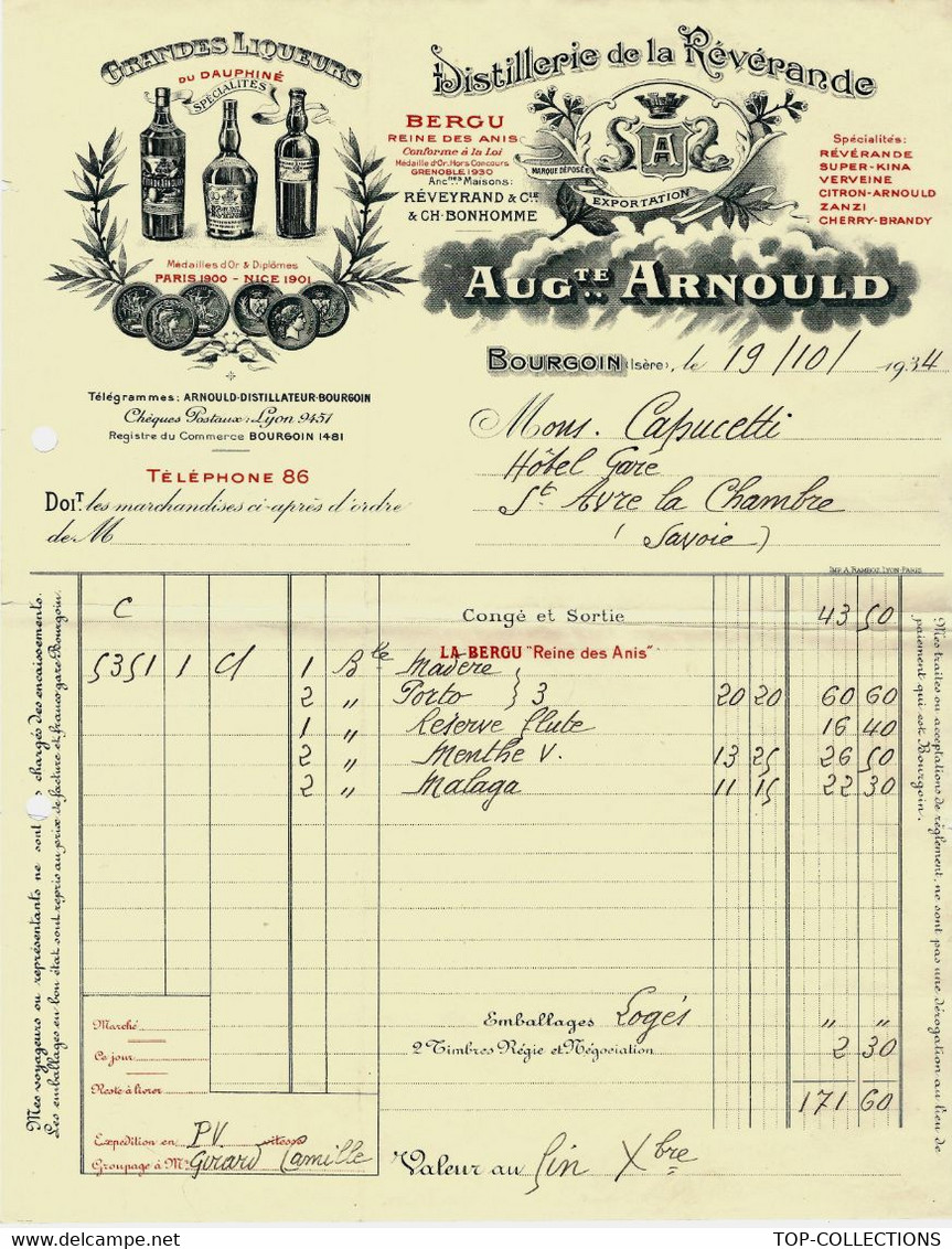 1934 DISTILLERIE DE LA REVERANDE à Bourgoin Isère Pour Capucetti St Avre La Chambre Savoie B.E. - 1900 – 1949