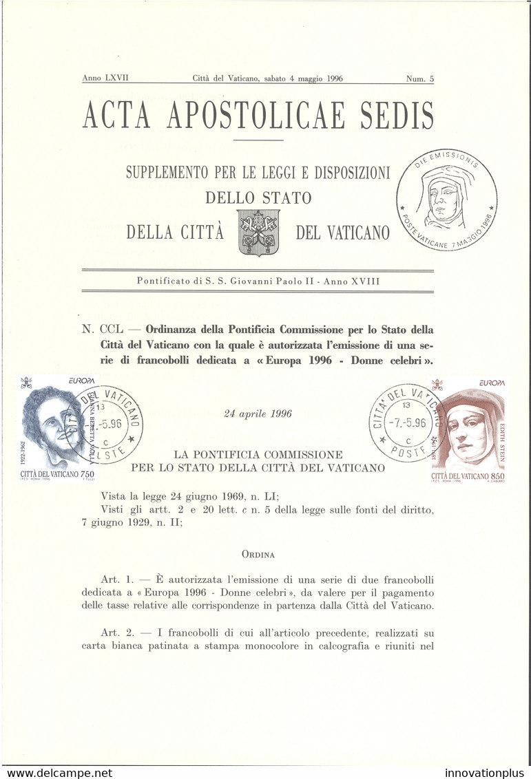 Vatican Sc# 1009-1010 FD Cancel (b) On Pamphlet 1996 Famous Women - Usati