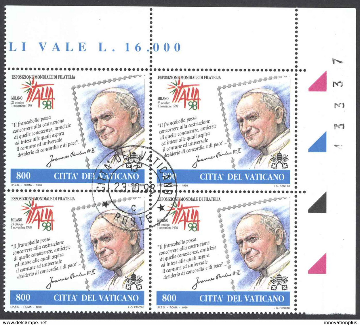 Vatican Sc# 1085 FD Cancel Block/4 1998 Italia '98 - Gebruikt