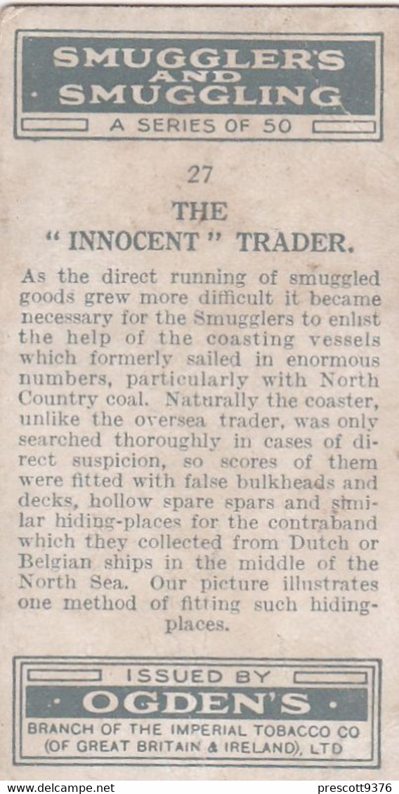 Smugglers & Smuggling 1932  - 27 The "Innocent" Trader - Ogdens Original Cigarette Card - - Ogden's