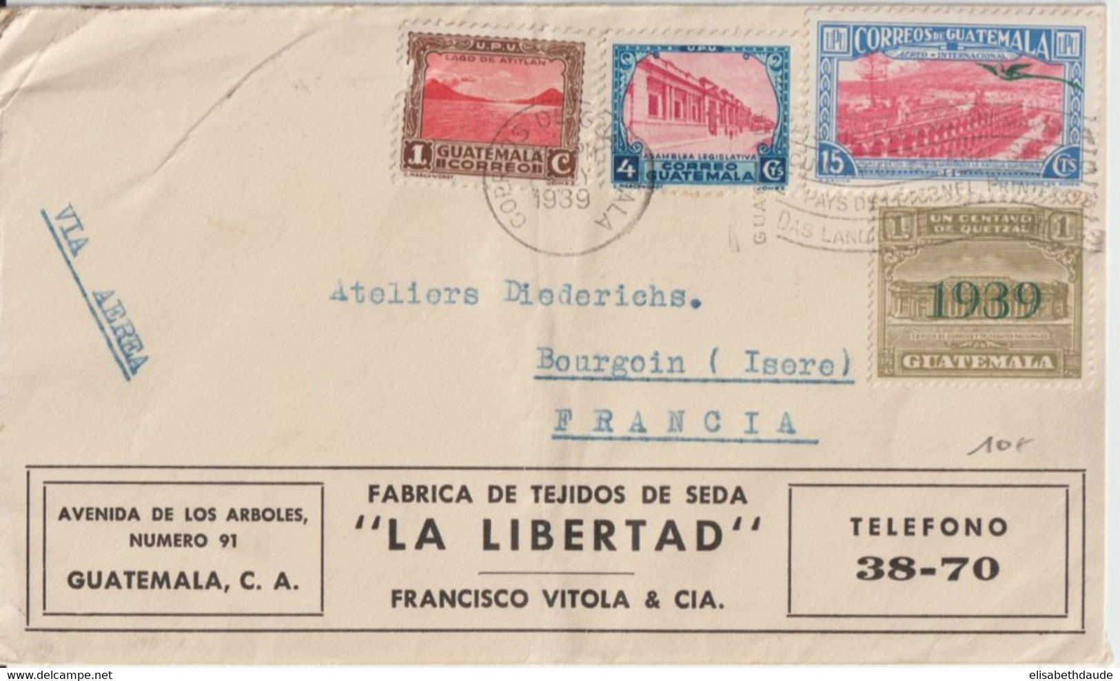 1939 - GUATEMALA - POSTE AERIENNE ENVELOPPE PUB => BOURGOIN (ISERE) - Guatemala