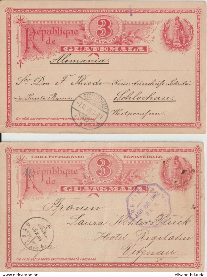 1892+1896 - GUATEMALA - 2 CARTES ENTIER POSTAL => VITZNAU (SUISSE) + SCHLOCHAU (PRUSSE) - Guatemala