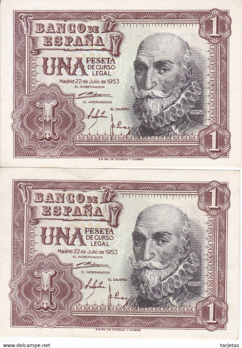 PAREJA IMPAR DE ESPAÑA DE 1 PTA DEL AÑO 1953 SERIE I SIN CIRCULAR (UNC) (BANKNOTE) - 1-2 Peseten