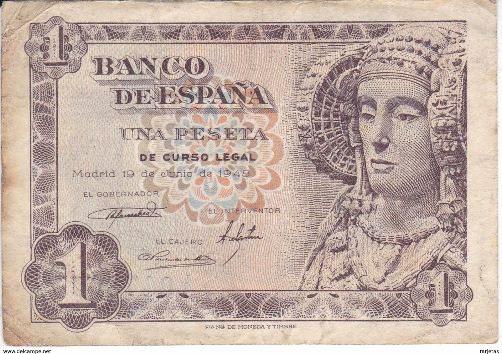 BILLETE DE 1 PTA DEL AÑO 1948 SERIE A - DAMA DE ELCHE  (BANKNOTE) - 1-2 Peseten