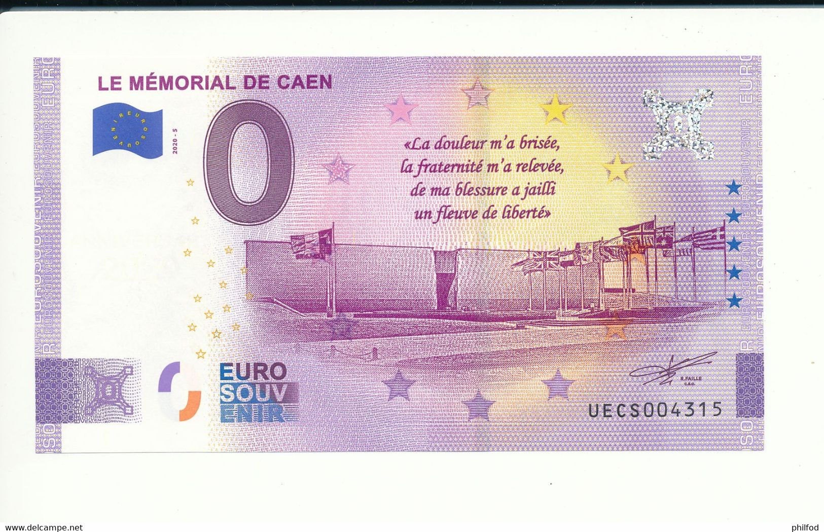 Billet Touristique 0 Euro - LE MÉMORIAL DE CAEN - UECS - 2020-5 - ANNIV  - N° 4315 - Billet épuisé - Autres & Non Classés