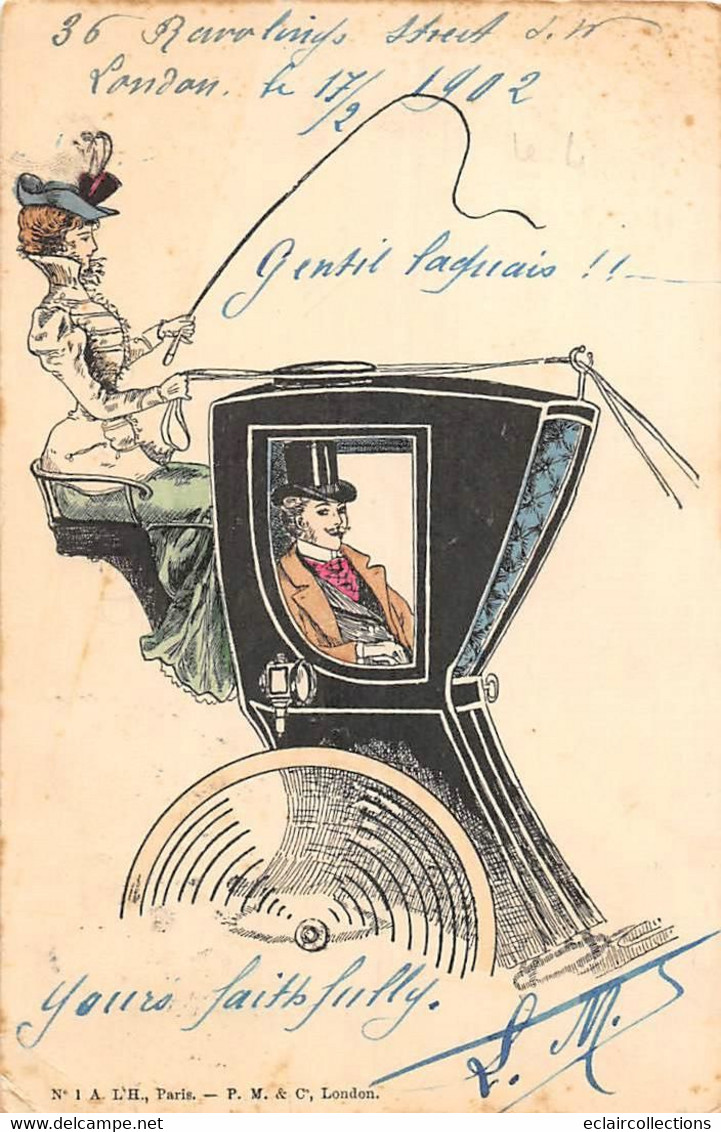 Illustrateur : Elégante Femme Cochère Bourgeoise Séduisant Un Homme Dans Un Cab. Suite De 4 Cartes      (voir Scan) - 1900-1949