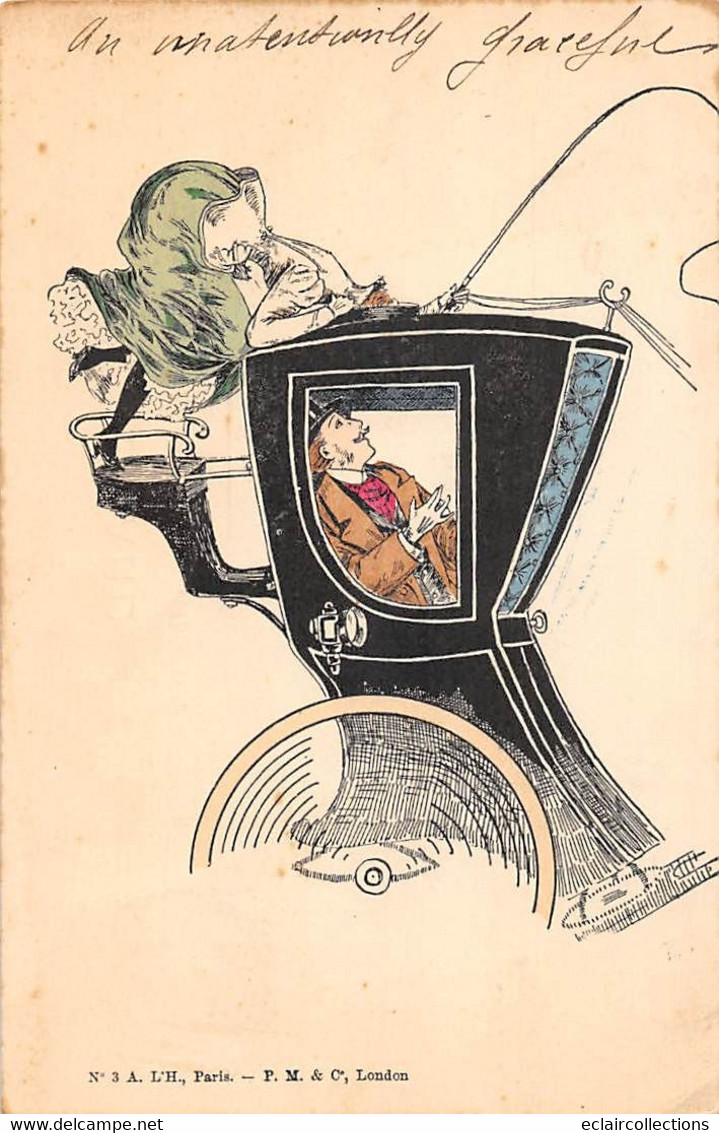 Illustrateur : Elégante Femme Cochère Bourgeoise Séduisant Un Homme Dans Un Cab. Suite De 4 Cartes      (voir Scan) - 1900-1949