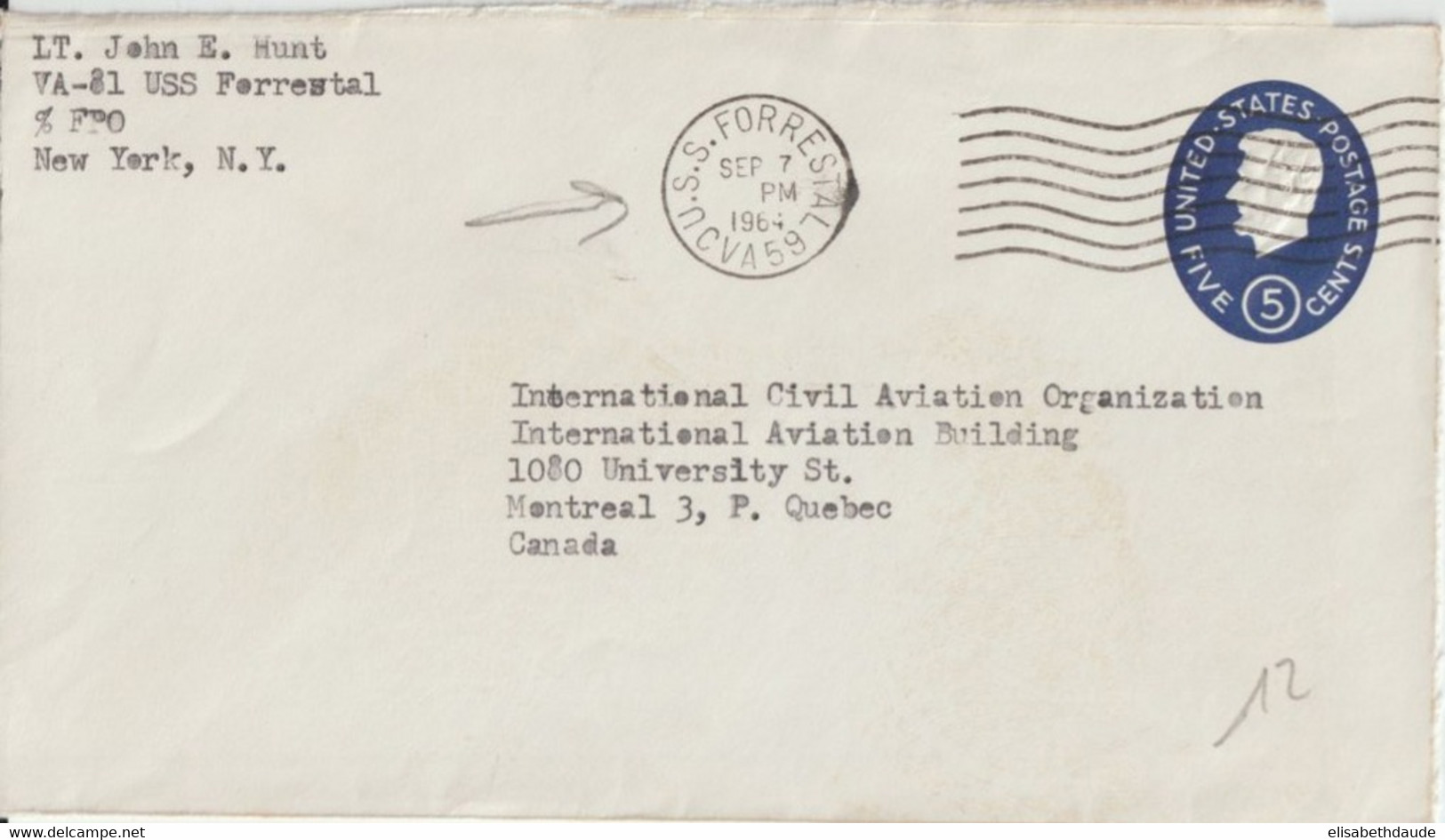 1964 - USA - POSTE NAVALE - ENVELOPPE ENTIER POSTAL USS "FORRESTAL" => QUEBEC (CANADA) - Storia Postale