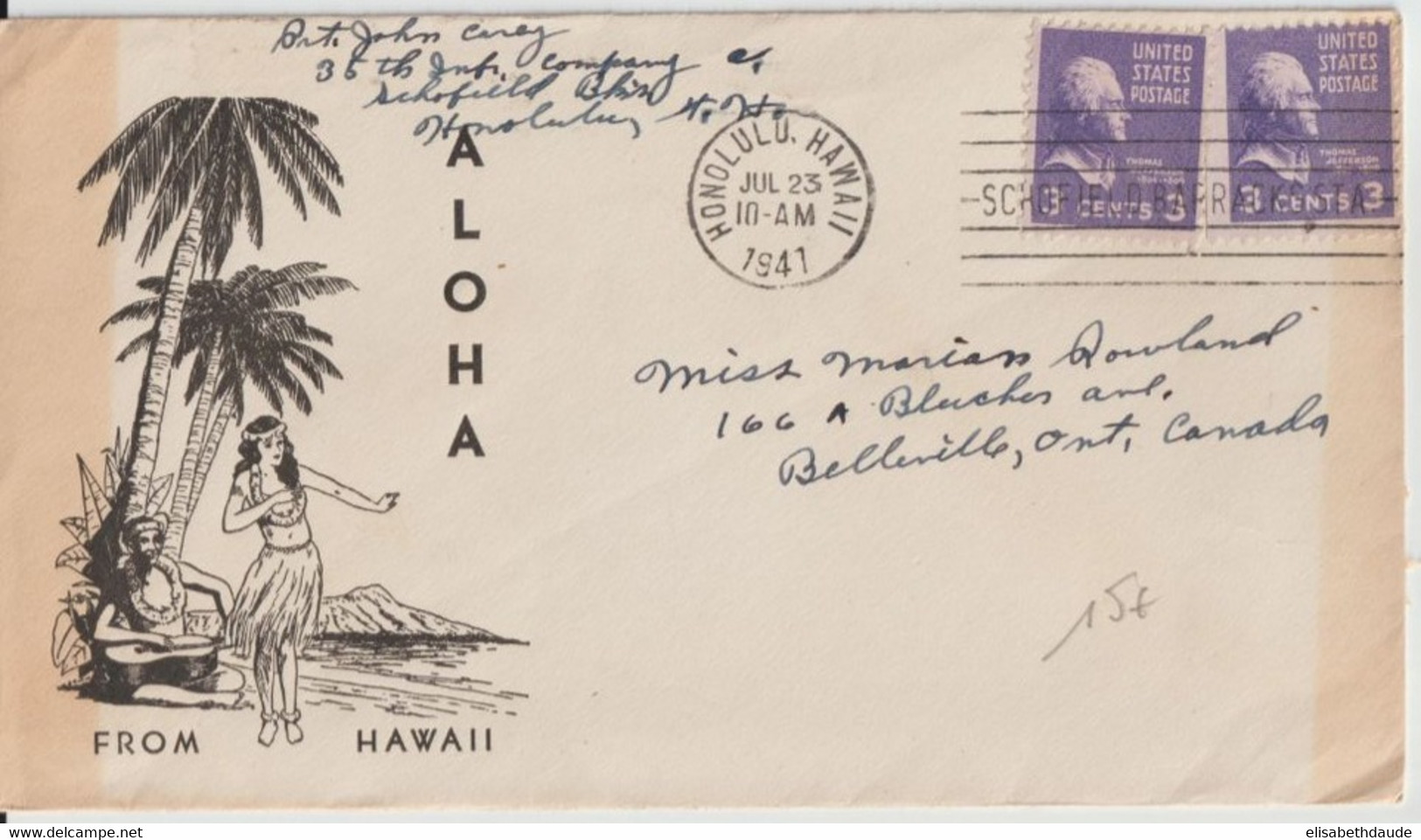 1941 - USA - HAWAII ! - ENVELOPPE DECOREE De HONOLULU => BELLEVILLE (CANADA) - Hawaï