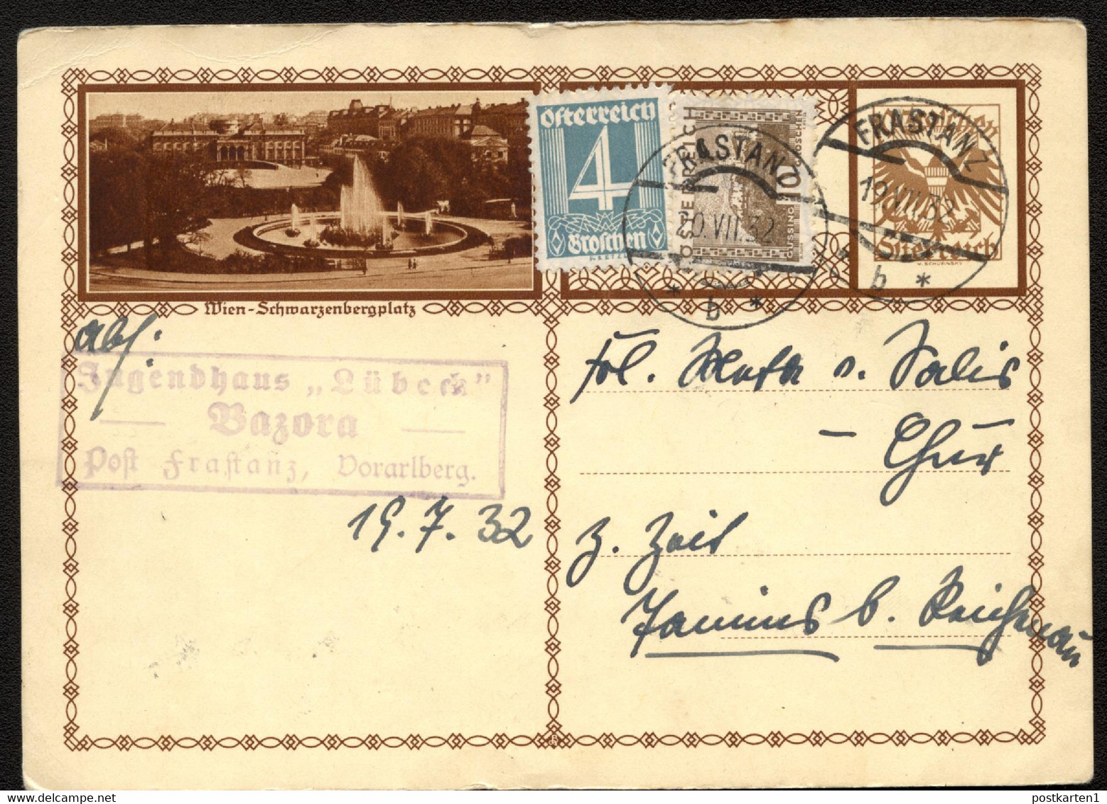 Bild-Postkarte P278e-27 WIEN SCHWARZENBERGPLATZ Frastanz-CHUR SCHWEIZ 1932 - Cartes Postales