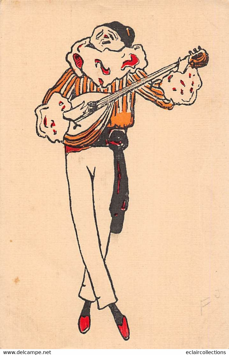 Illustrateur:    Clown Ou Pierrot  Jouant De La Mandoline  ? (voir Scan) - 1900-1949