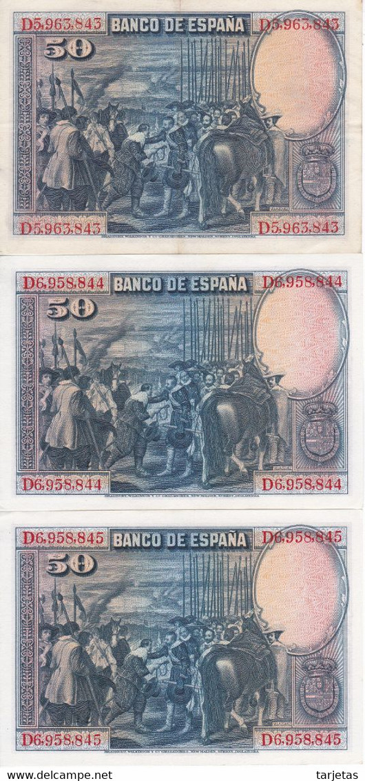 TRIO CORRELATIVO DE 50 PTAS DE 1928 DE VELAZQUEZ SERIE D EN CALIDAD EBC (XF) (BANKNOTE) - 50 Pesetas